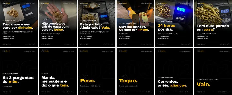 Doze publicações do mês de setembro da BAGO GOLDEN, a preto e dourado: em cima, com fotografias da loja; em baixo, folhas de carrossel