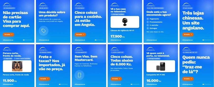 Doze publicações da CHINA EXPRESS, em azul, com o botão laranja Arrasta: perguntas de quem tem medo de comprar de fora e produtos com o preço final à vista