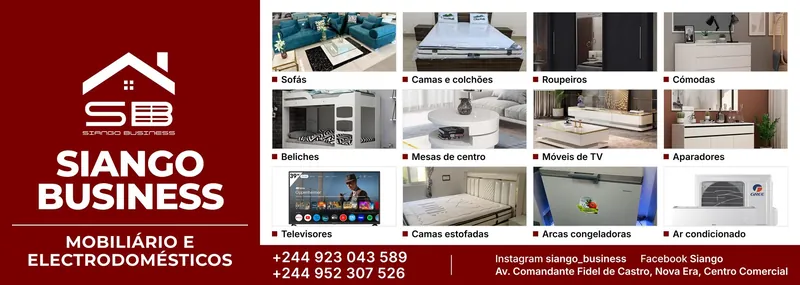 A lona de fachada da SIANGO BUSINESS: a marca a branco sobre vermelho à esquerda, doze produtos da loja com o nome por baixo, e os telefones, as redes e a morada em baixo